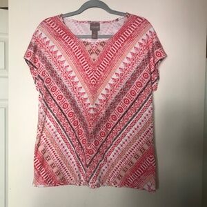 Chico’s Tee 1 M/8 100% Cotton Southwestern Boho geometric top red cream slimming